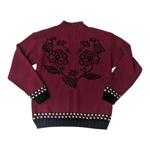 VTG Beldoch Popper Cranberry Floral Knit Pullover Mock Neck Sweater Women's M*